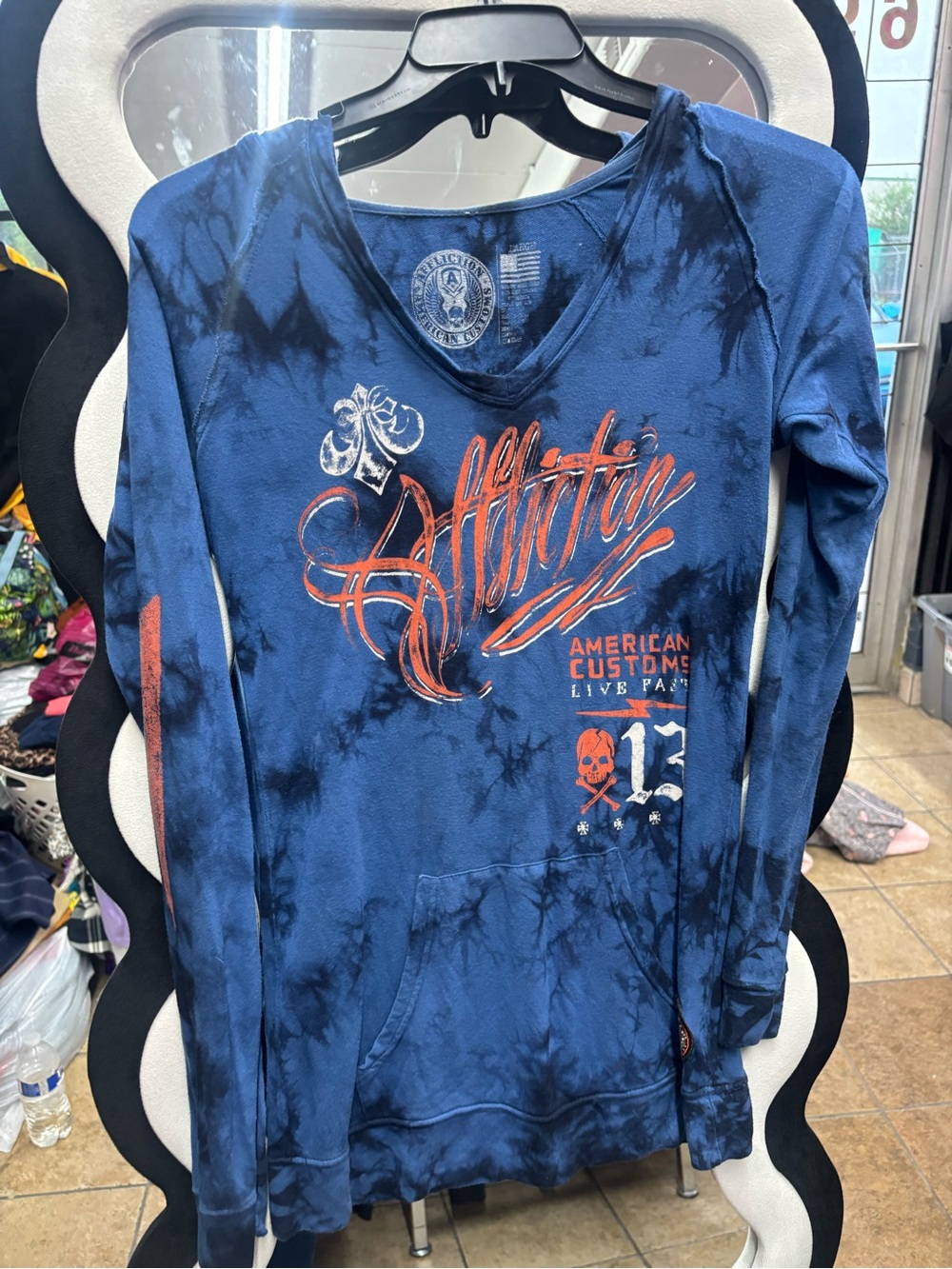 Affliction Blue Tie-Dye Pullover with Orange Graphic Script